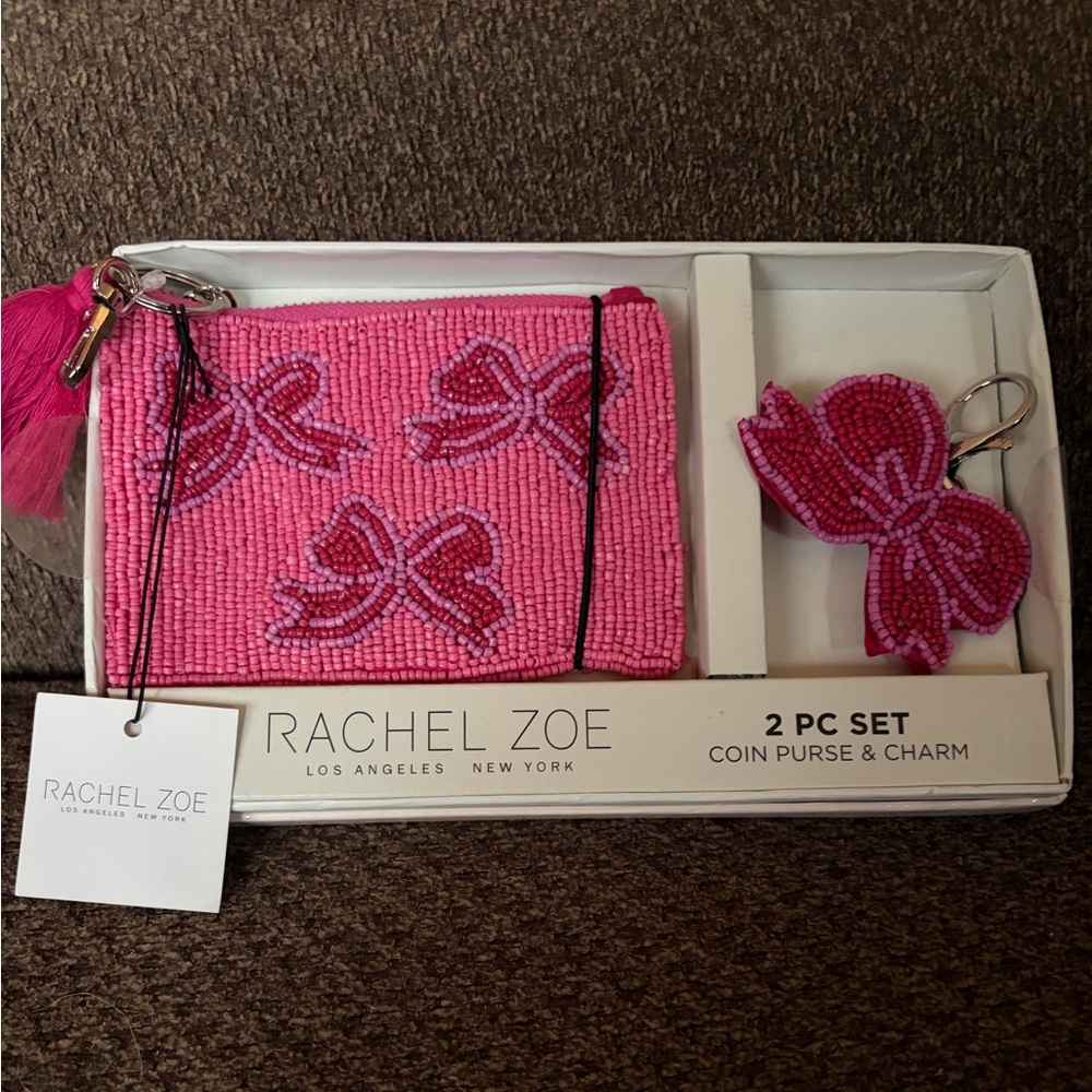 Rachel Zoe Pink Bow Beaded Coin Purse and Keychain Set—New!